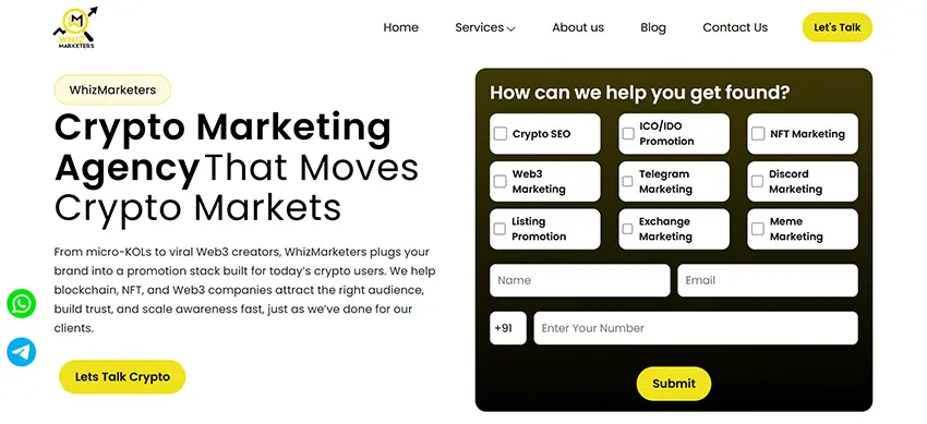 Whiz Marketers crypto marketing agency offering blockchain marketing and community growth services