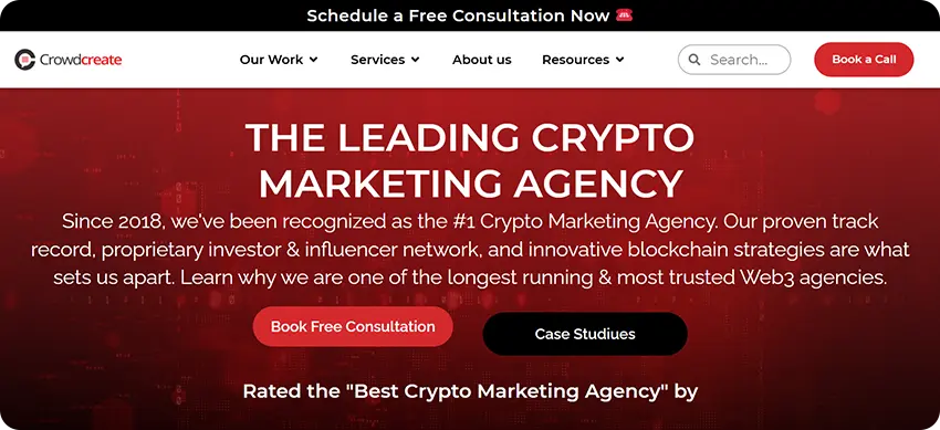 Crowdcreate crypto marketing agency offering blockchain community building and investor outreach services